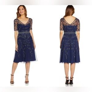 NWT- Size 10- Navy- Adrianna Papell Women's Beaded Midi Dress!